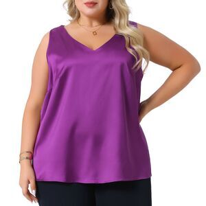 Plus Size Silk Satin Tank Tops V Neck Casual Summer Basic Tank Purple